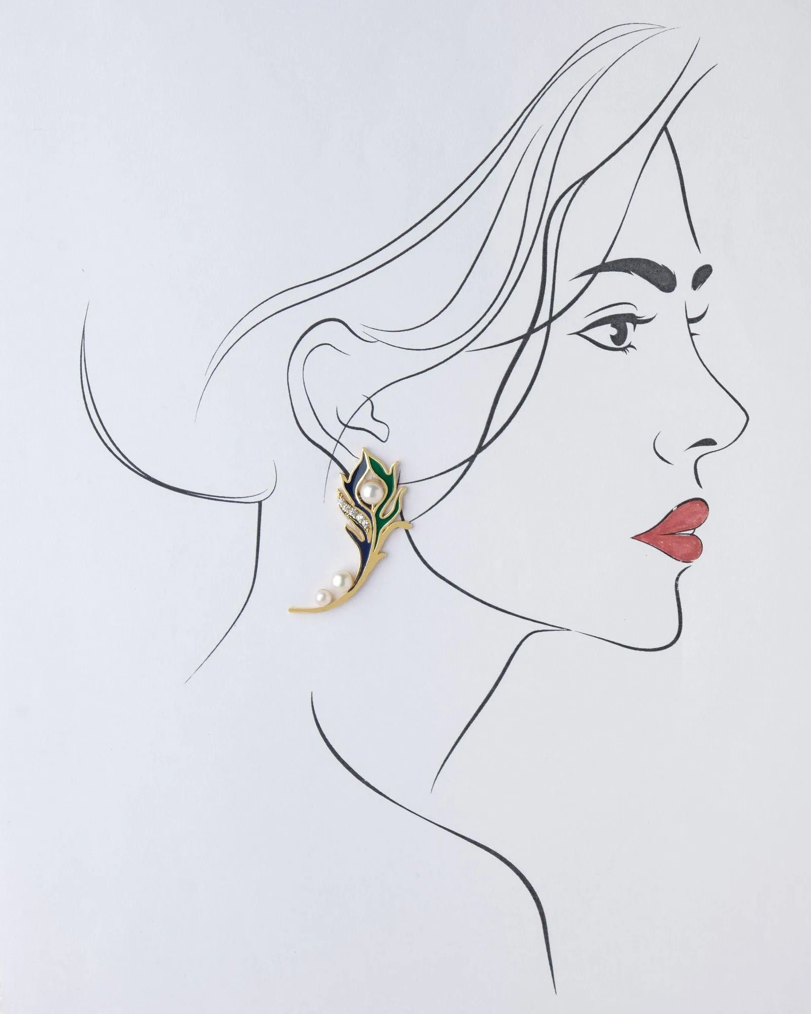 Beautiful Peacock Feather Stone & Pearl Earring