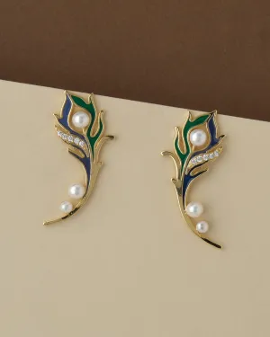 Beautiful Peacock Feather Stone & Pearl Earring