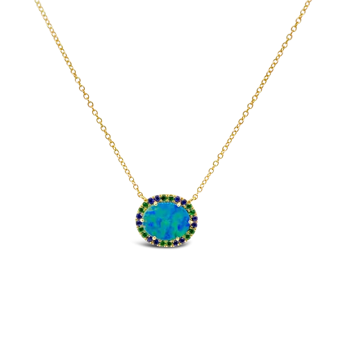 Black Opal Doublet with Sapphires and Tsavorites Pendant