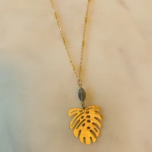 Brushed Monstera Leaf Necklace With Labradorite