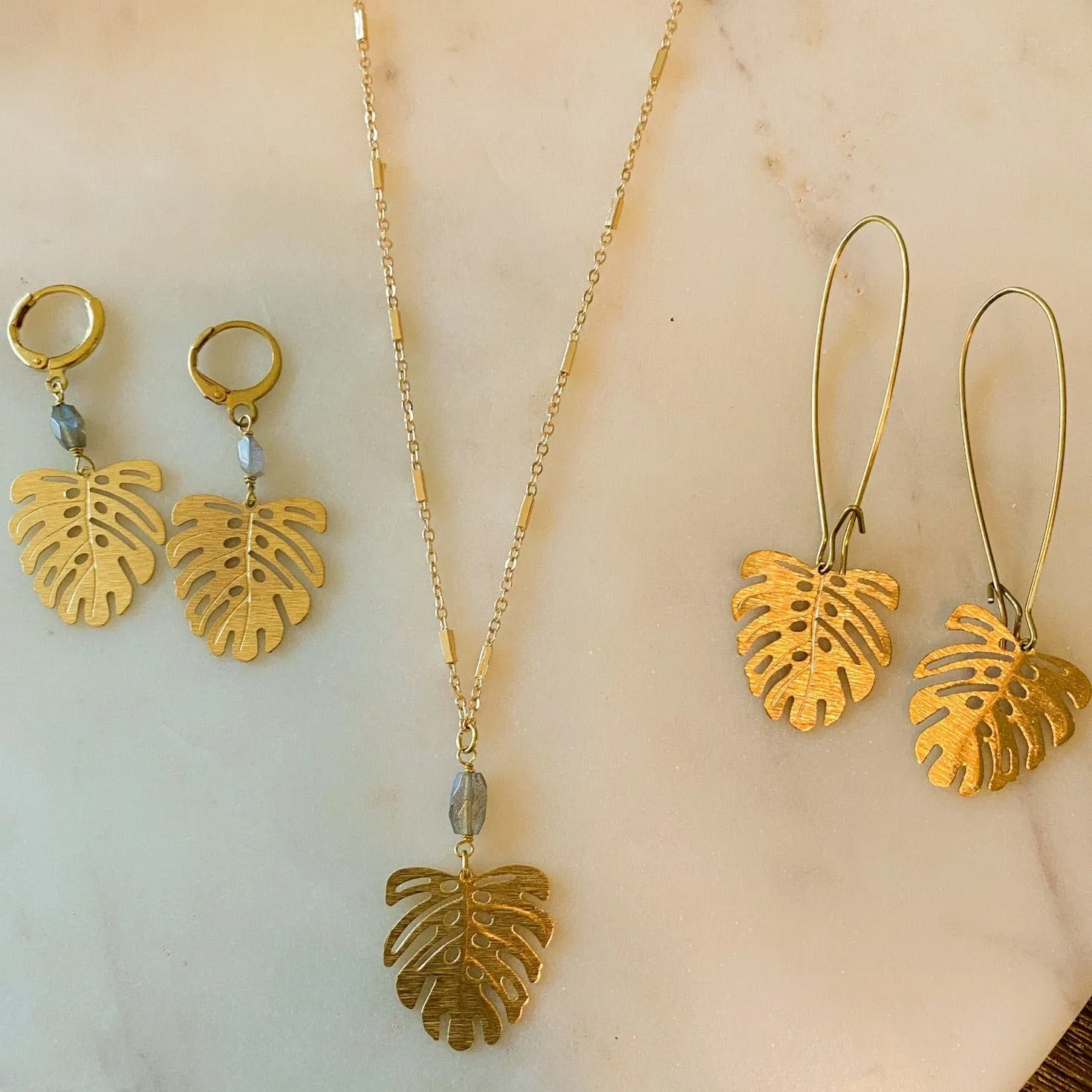 Brushed Monstera Leaf Necklace With Labradorite