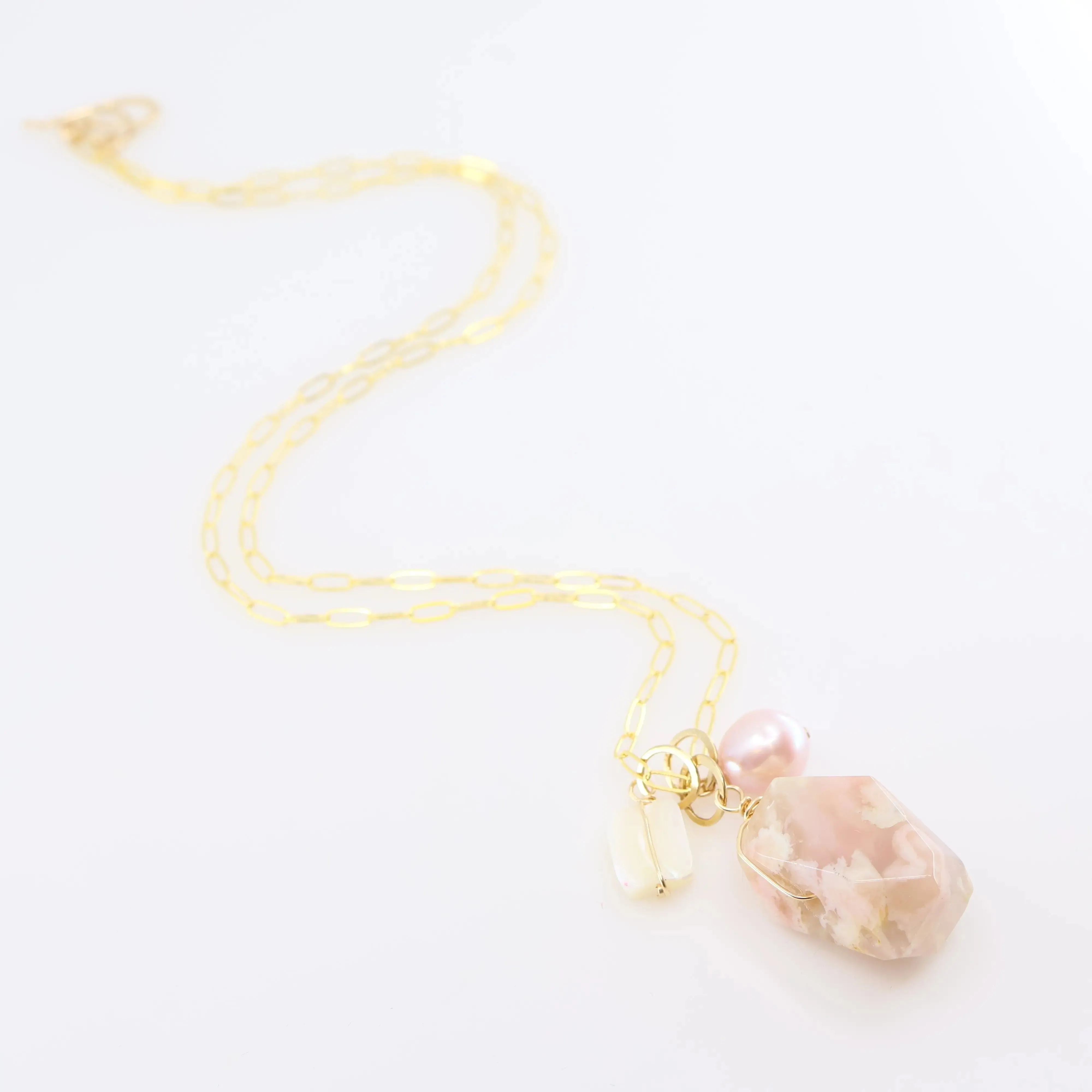 Cherry Blossom Agate, Mother of Pearl & Pink Rice Pearl Gemstone Charm Necklace
