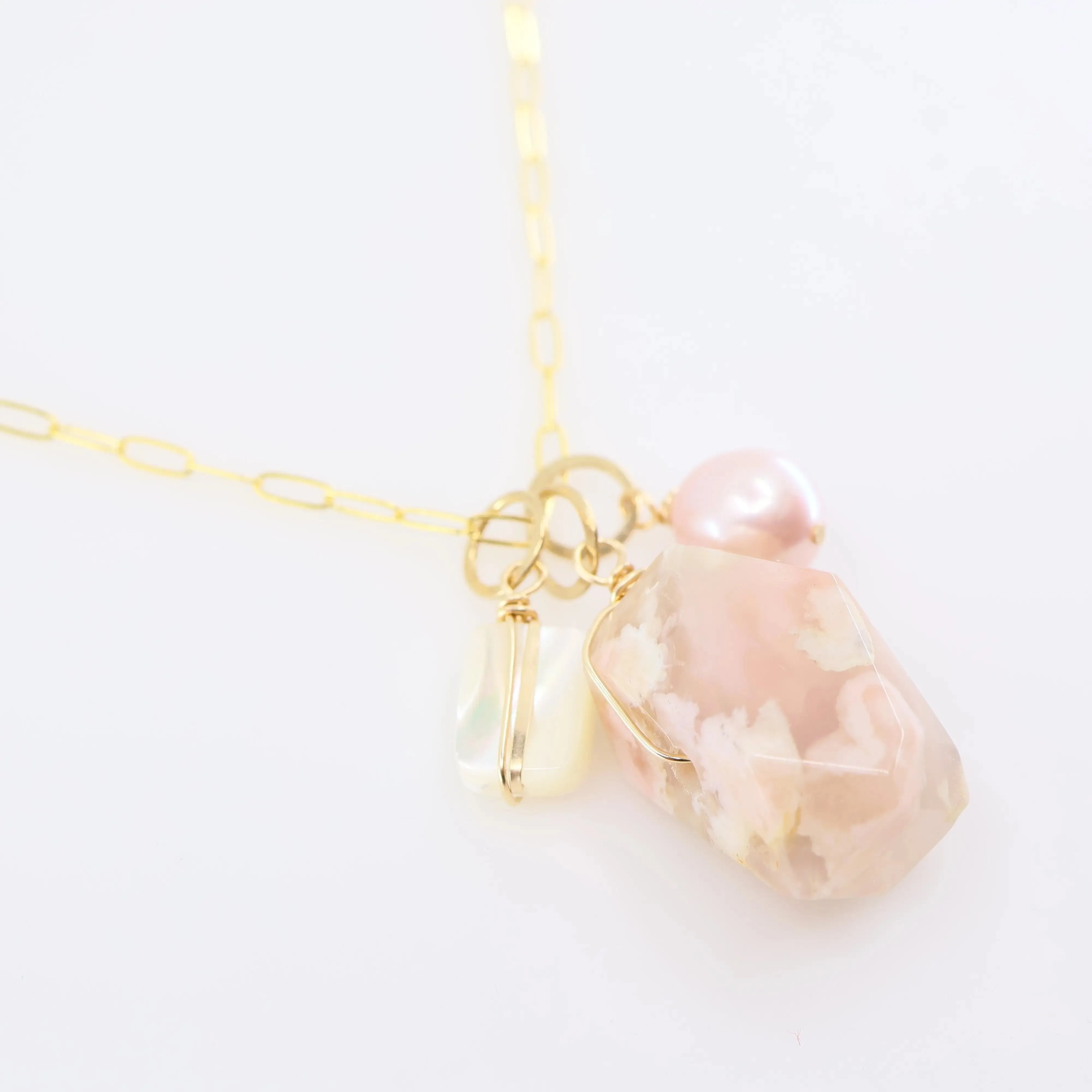 Cherry Blossom Agate, Mother of Pearl & Pink Rice Pearl Gemstone Charm Necklace