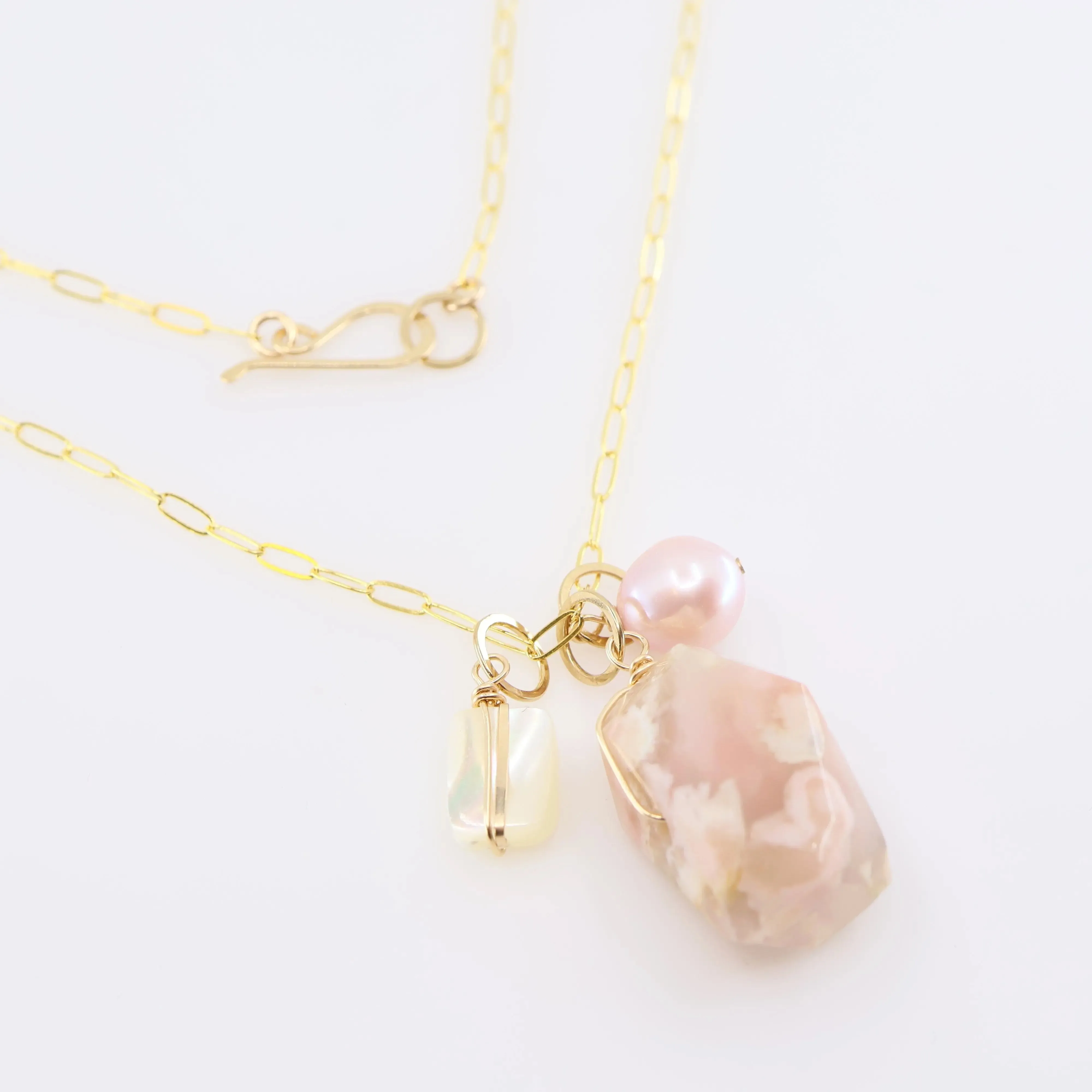 Cherry Blossom Agate, Mother of Pearl & Pink Rice Pearl Gemstone Charm Necklace