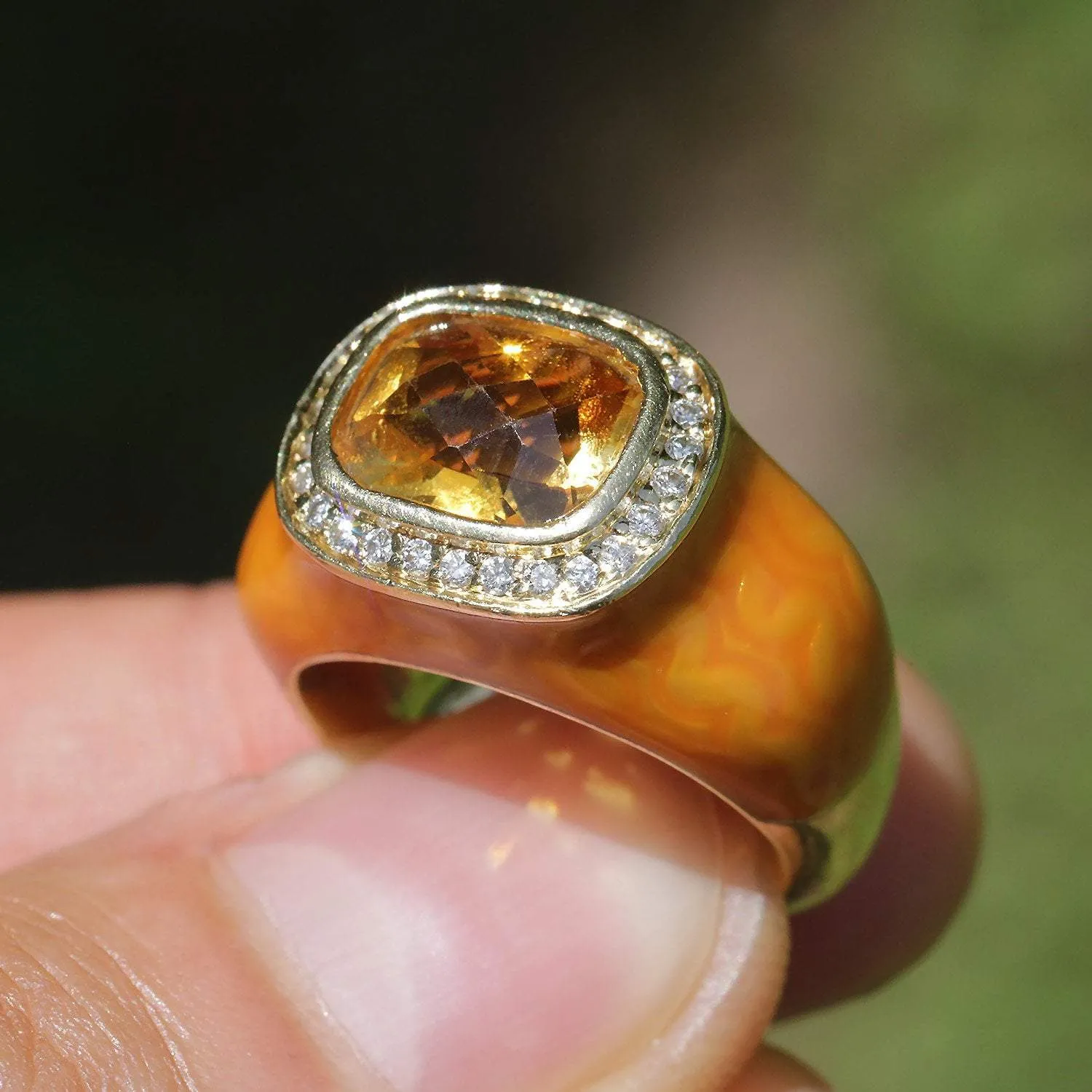 Citrine Halo Ring with Diamonds & Orange Enamel 14K Yellow Gold