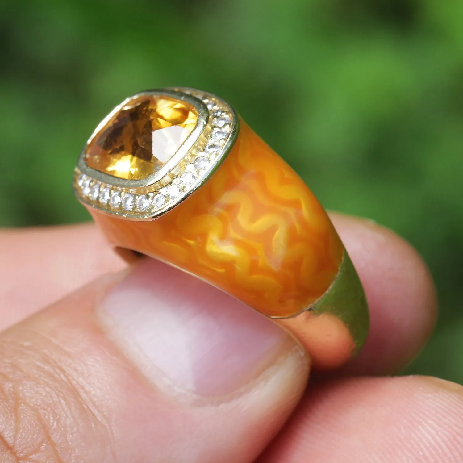 Citrine Halo Ring with Diamonds & Orange Enamel 14K Yellow Gold