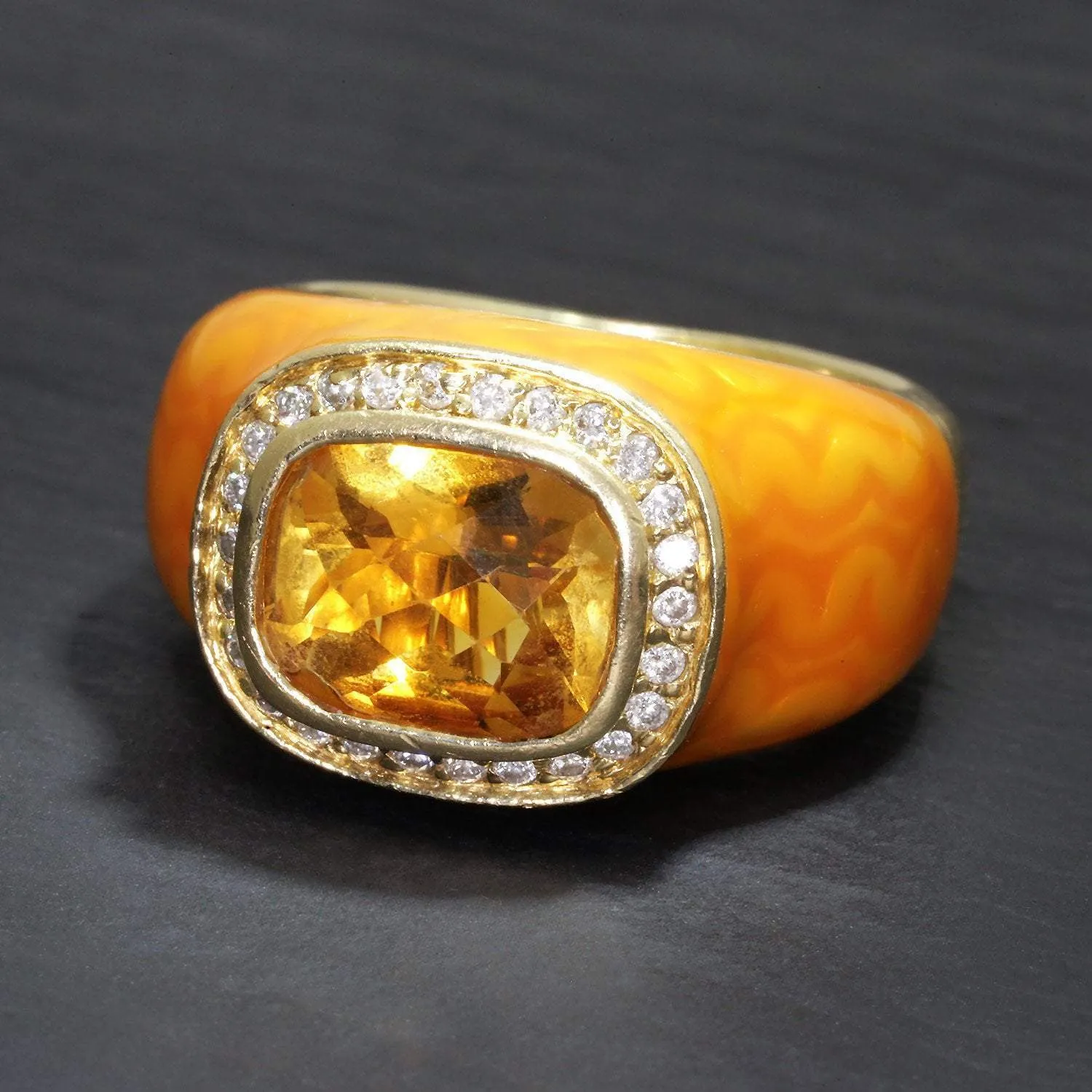 Citrine Halo Ring with Diamonds & Orange Enamel 14K Yellow Gold