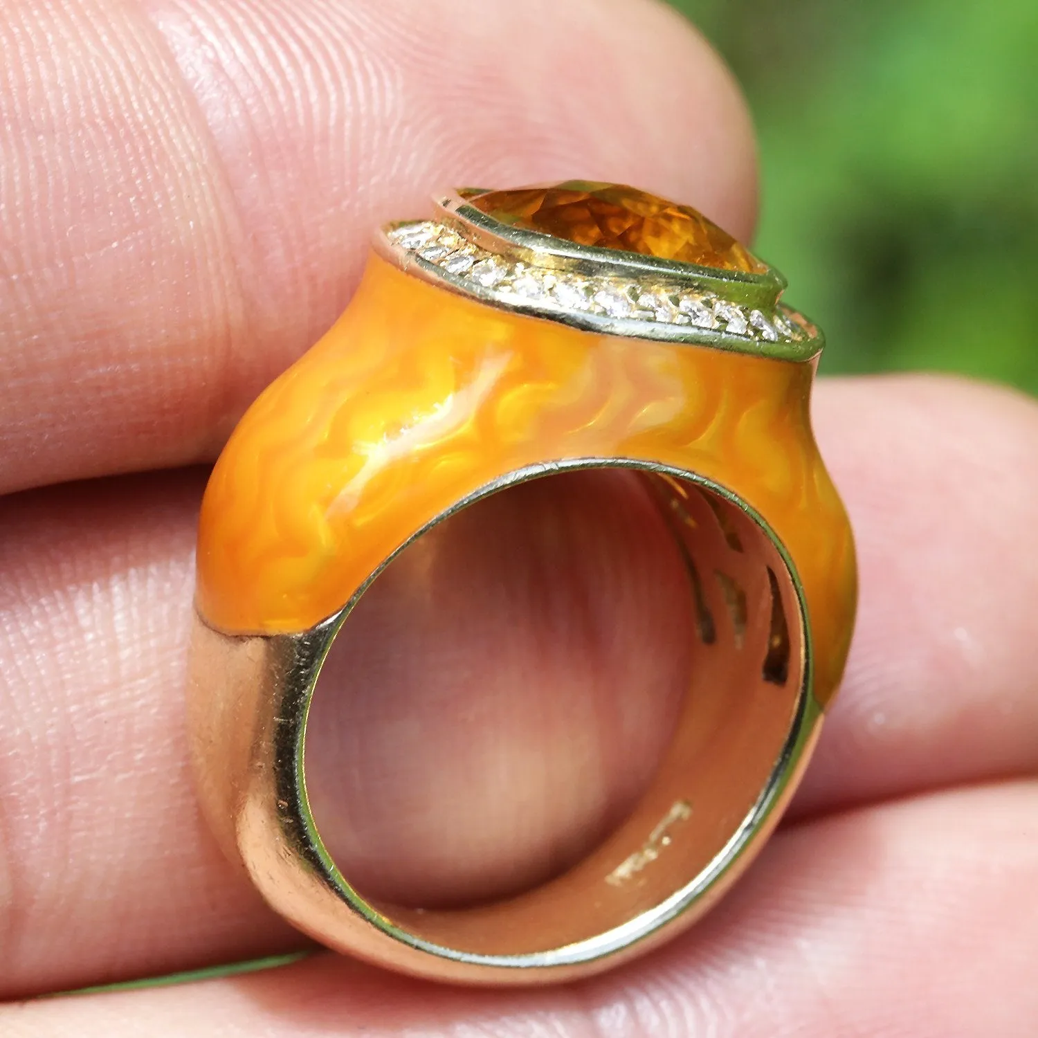 Citrine Halo Ring with Diamonds & Orange Enamel 14K Yellow Gold