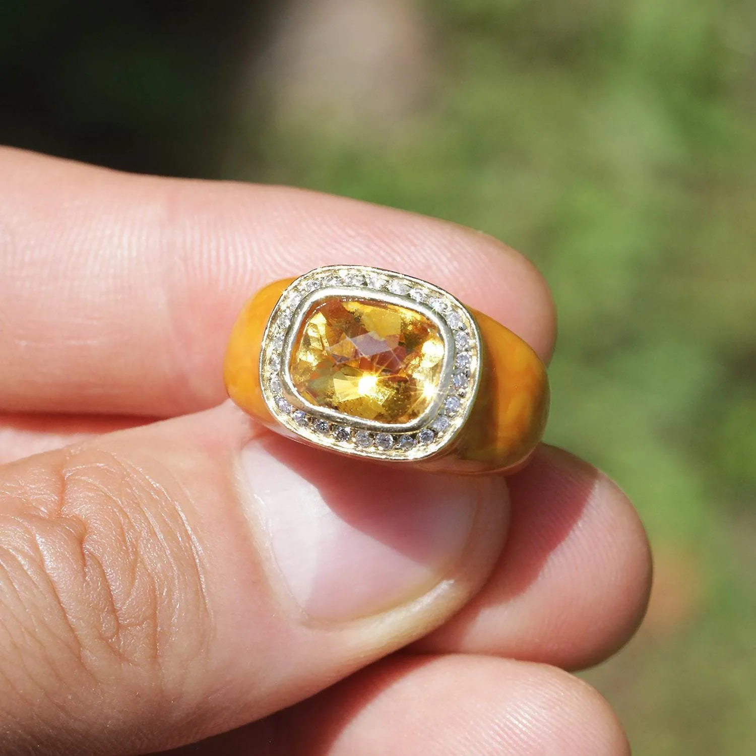 Citrine Halo Ring with Diamonds & Orange Enamel 14K Yellow Gold