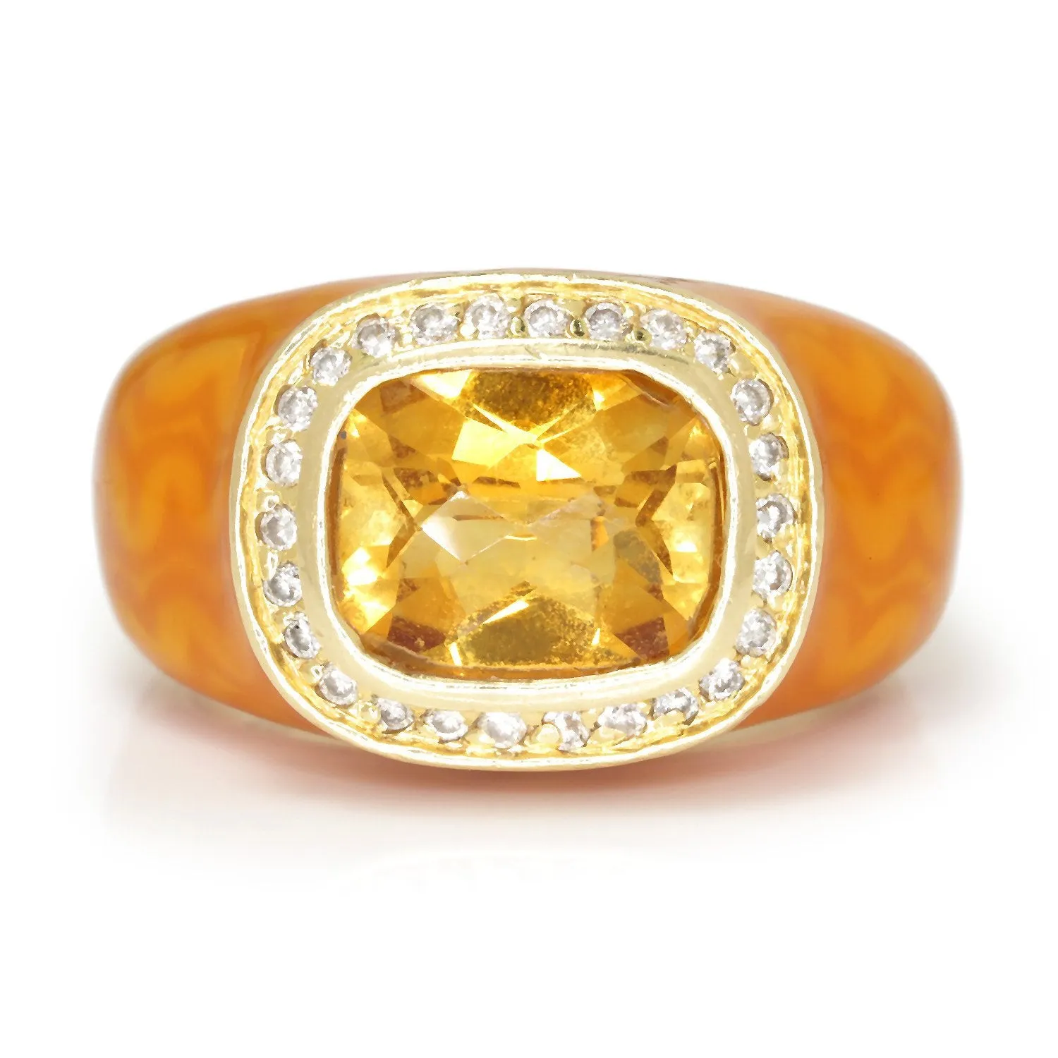 Citrine Halo Ring with Diamonds & Orange Enamel 14K Yellow Gold