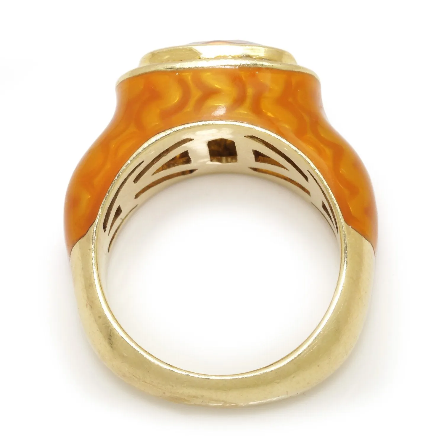 Citrine Halo Ring with Diamonds & Orange Enamel 14K Yellow Gold