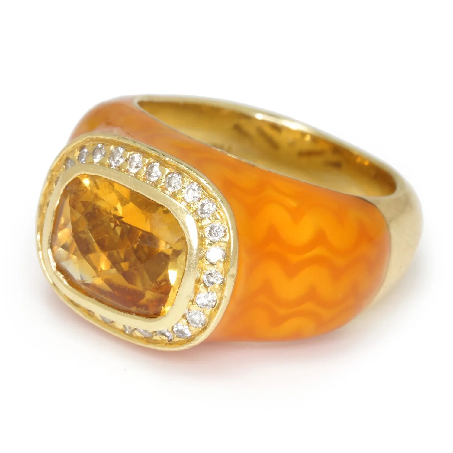 Citrine Halo Ring with Diamonds & Orange Enamel 14K Yellow Gold