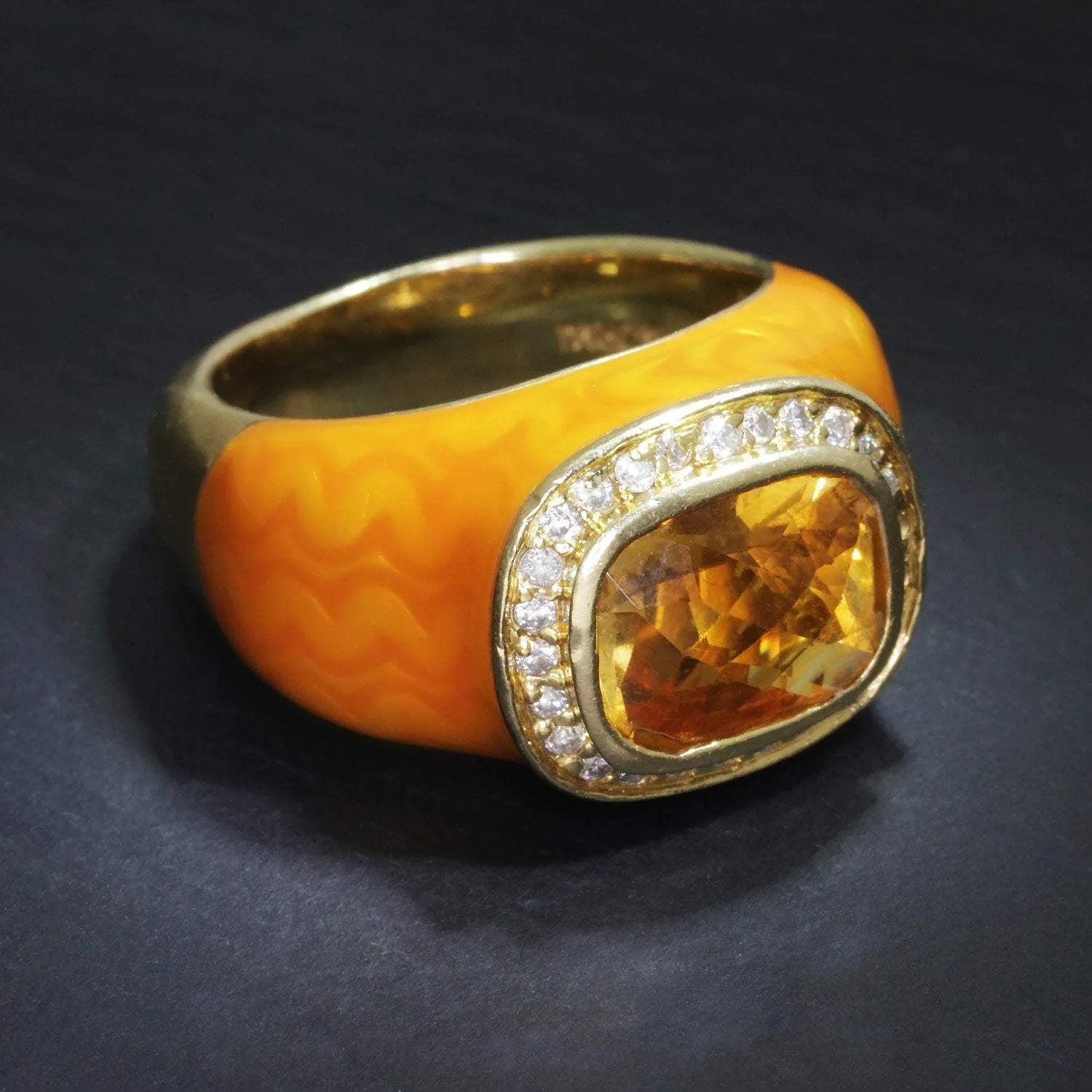 Citrine Halo Ring with Diamonds & Orange Enamel 14K Yellow Gold