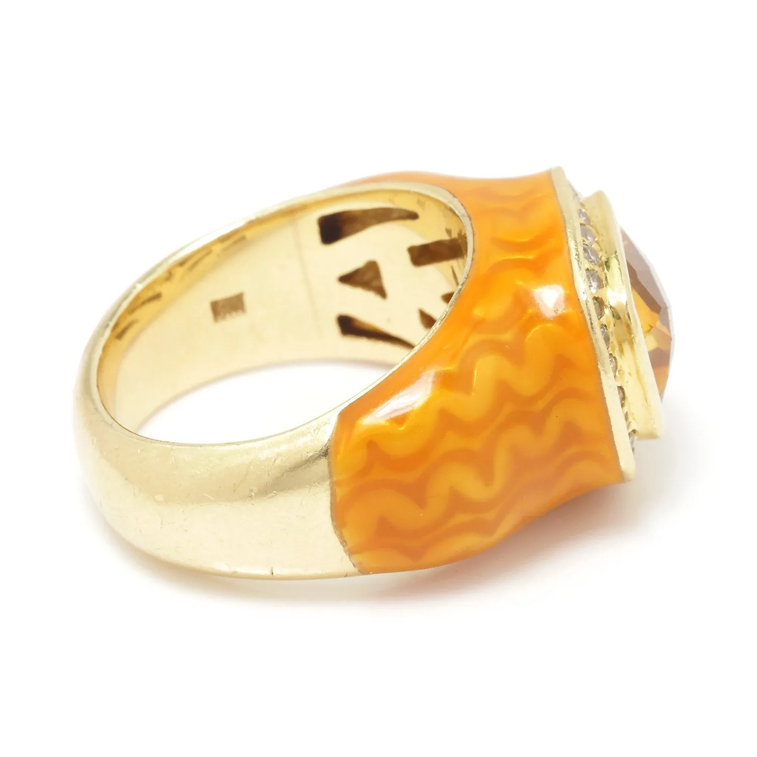 Citrine Halo Ring with Diamonds & Orange Enamel 14K Yellow Gold