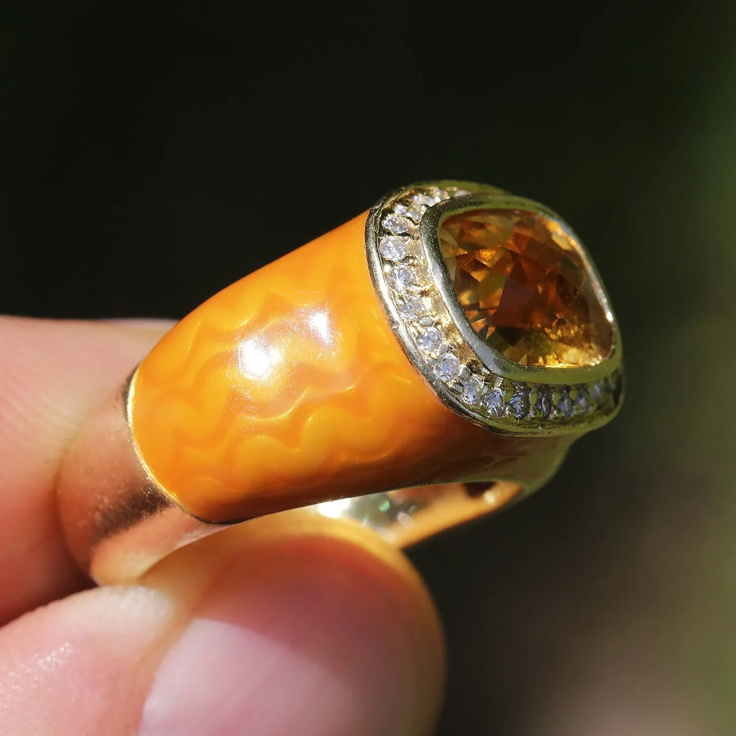 Citrine Halo Ring with Diamonds & Orange Enamel 14K Yellow Gold