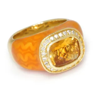 Citrine Halo Ring with Diamonds & Orange Enamel 14K Yellow Gold