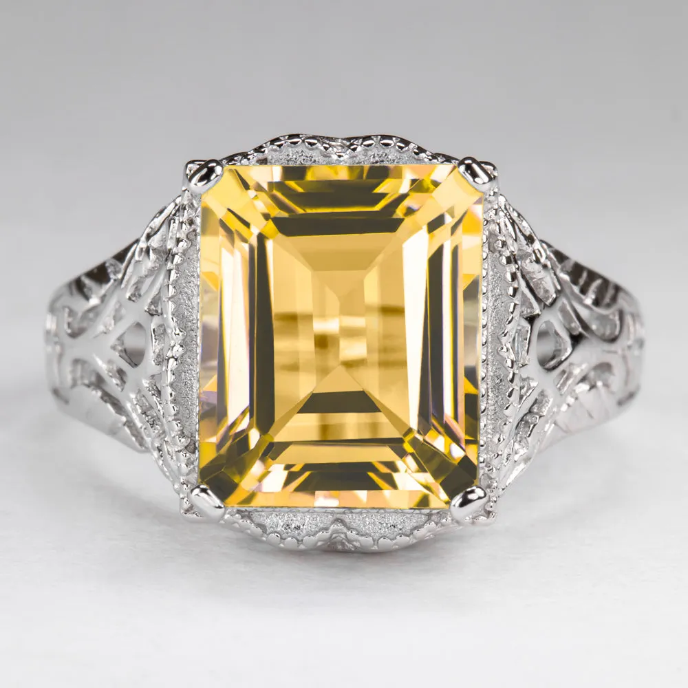 CITRINE STERLING SILVER VINTAGE STYLE RING ART DECO EMERALD CUT SOLITAIRE YELLOW
