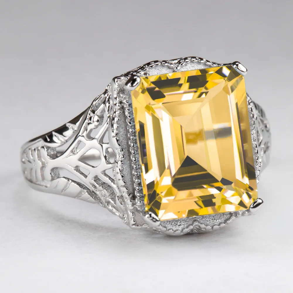 CITRINE STERLING SILVER VINTAGE STYLE RING ART DECO EMERALD CUT SOLITAIRE YELLOW