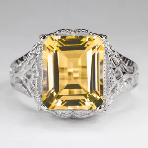 CITRINE STERLING SILVER VINTAGE STYLE RING ART DECO EMERALD CUT SOLITAIRE YELLOW