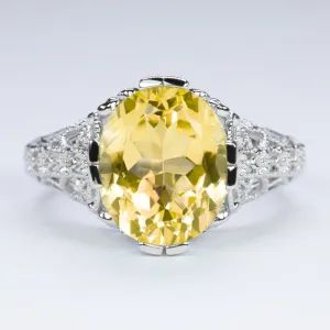 CITRINE STERLING SILVER VINTAGE STYLE RING ART DECO OVAL SHAPE YELLOW SOLITAIRE