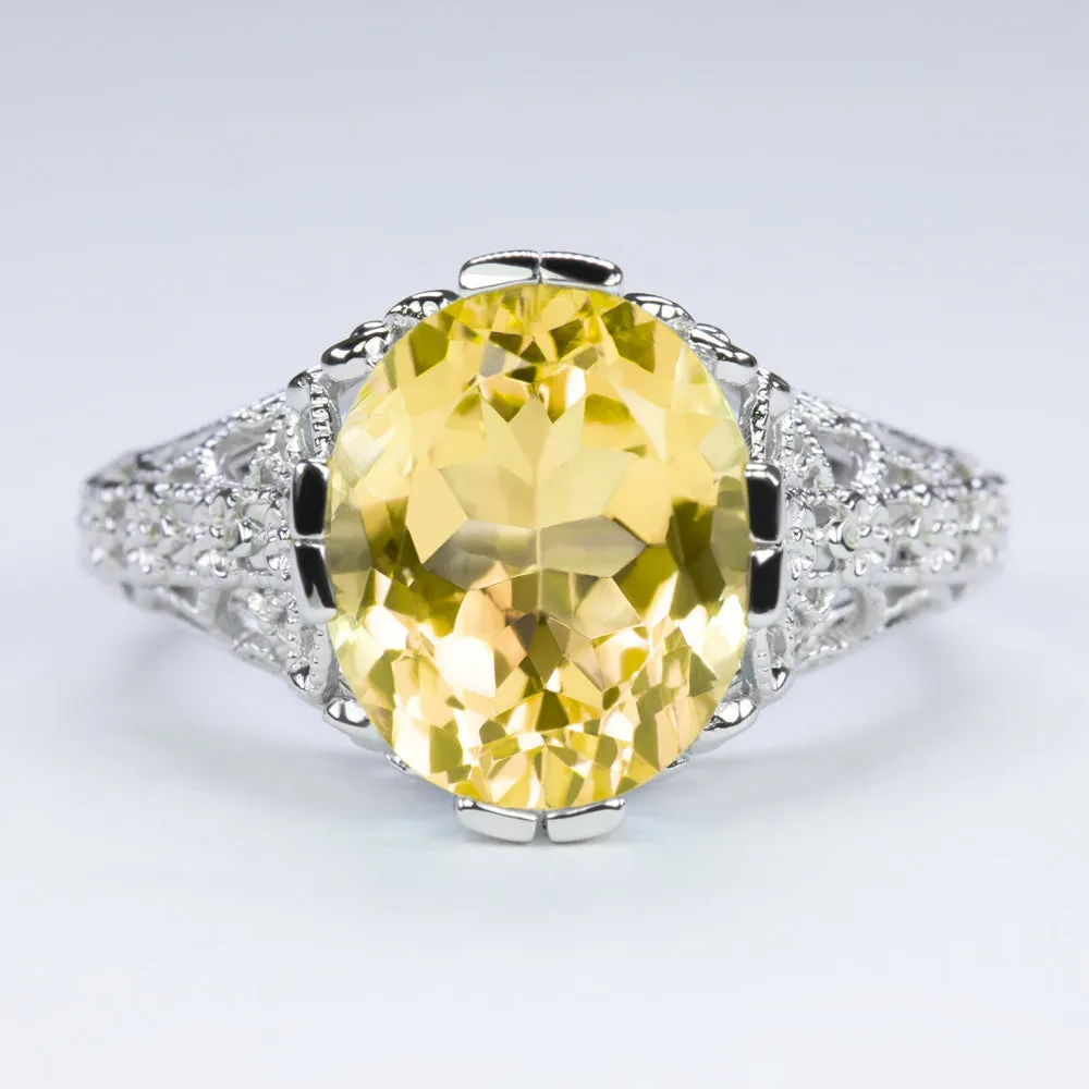 CITRINE STERLING SILVER VINTAGE STYLE RING ART DECO OVAL SHAPE YELLOW SOLITAIRE