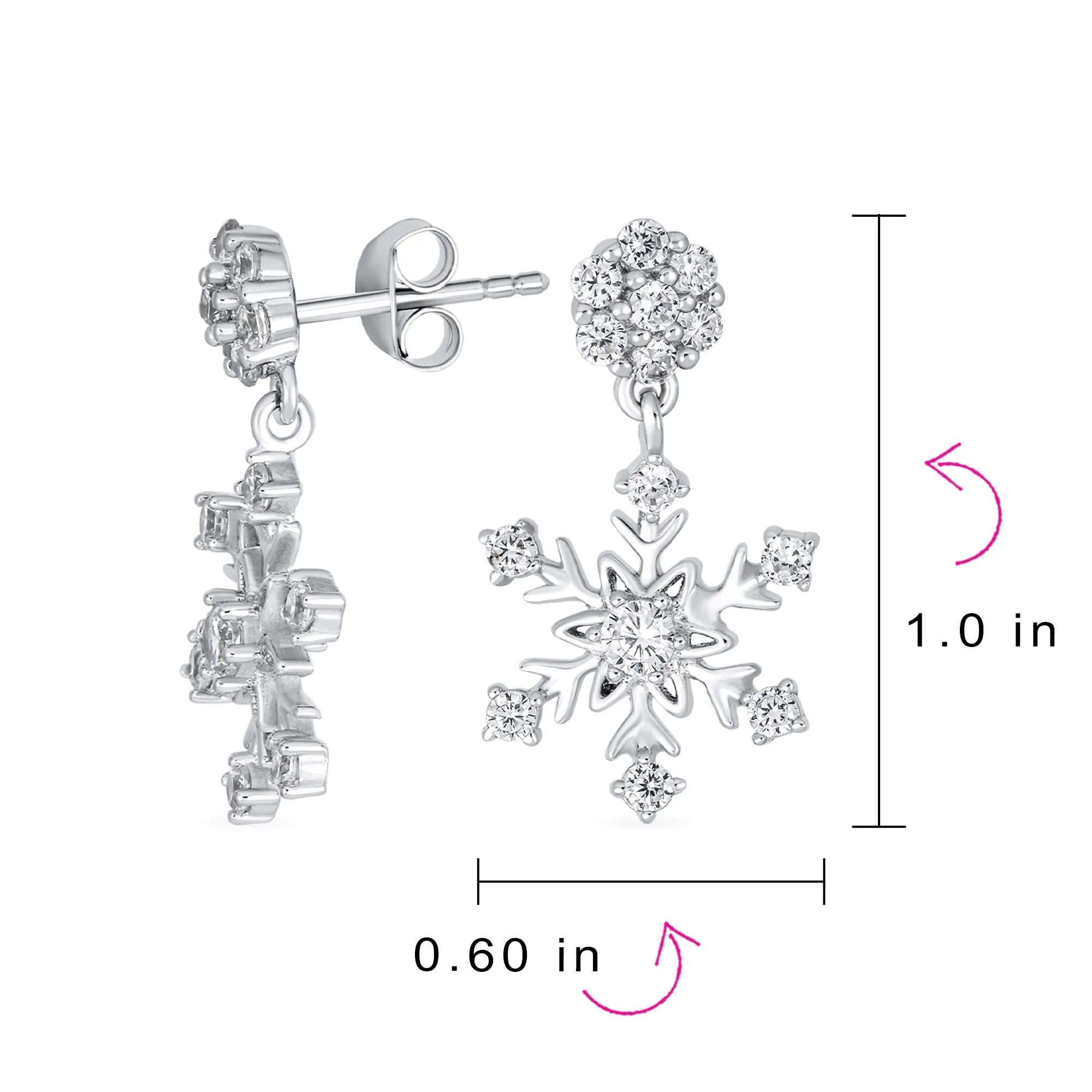 Classic Christmas Winter CZ Snowflake Dangle Earrings .925 Sterling Silver