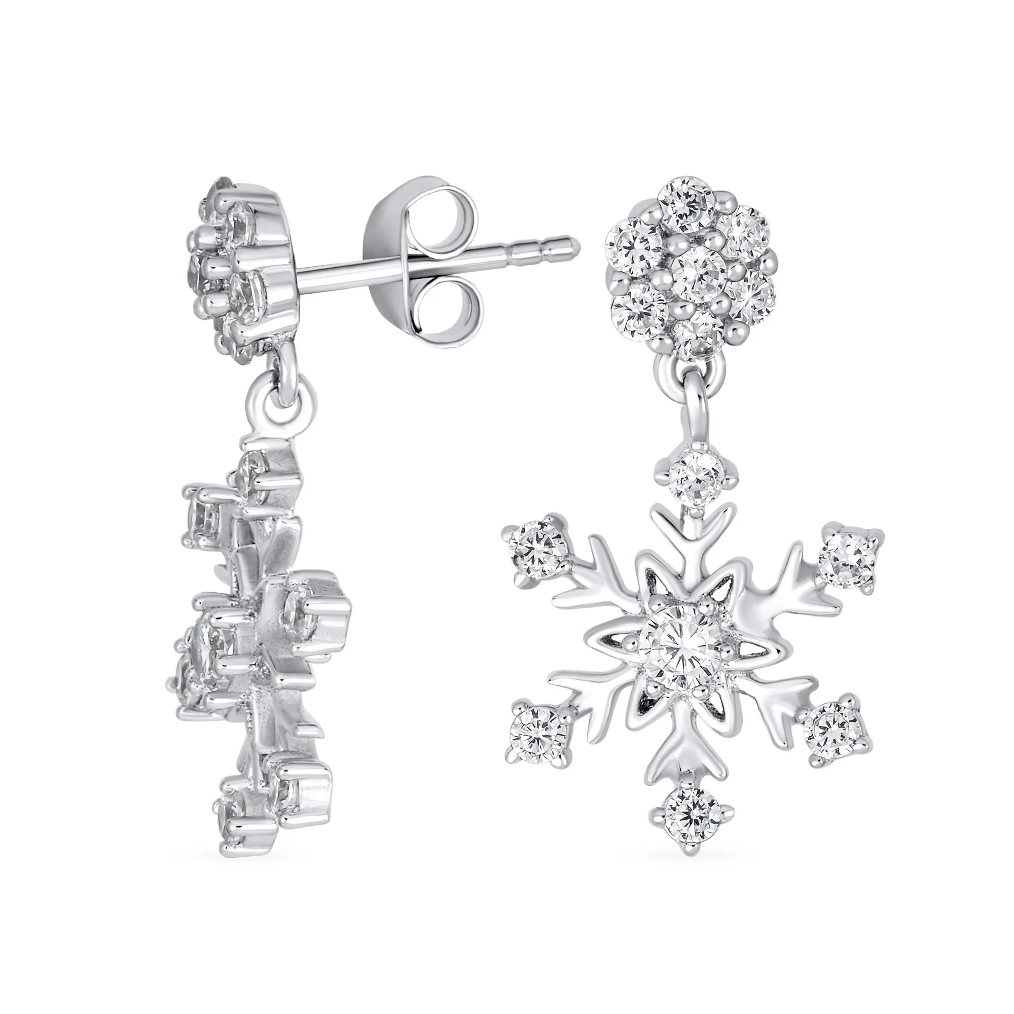 Classic Christmas Winter CZ Snowflake Dangle Earrings .925 Sterling Silver