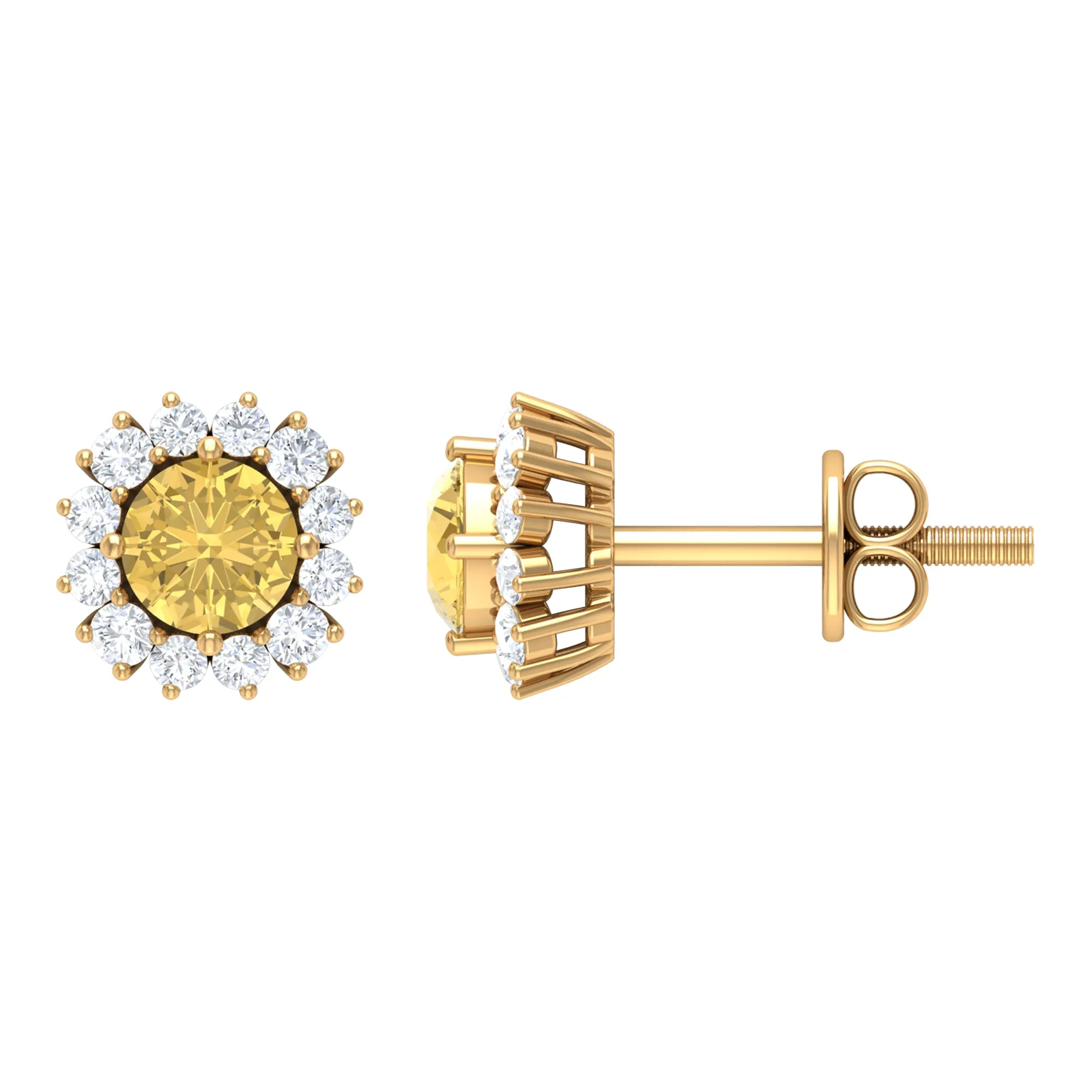 Classic Citrine and Diamond Halo Stud Earrings