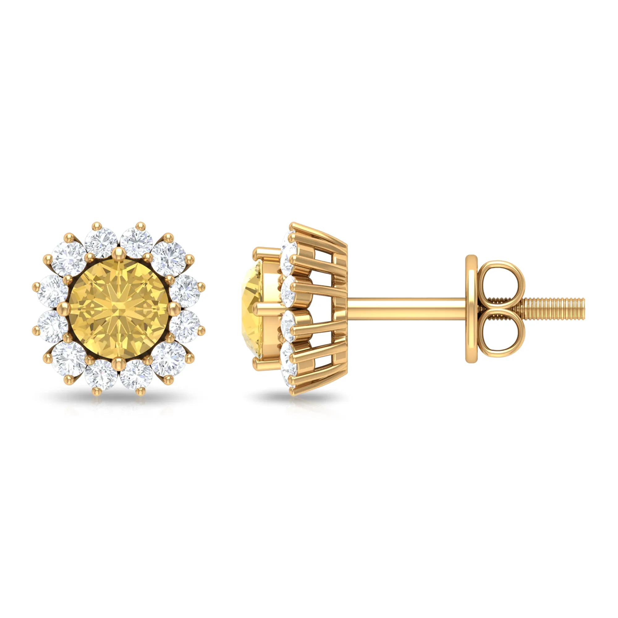 Classic Citrine and Diamond Halo Stud Earrings