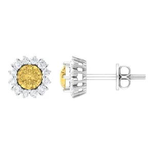Classic Citrine and Diamond Halo Stud Earrings