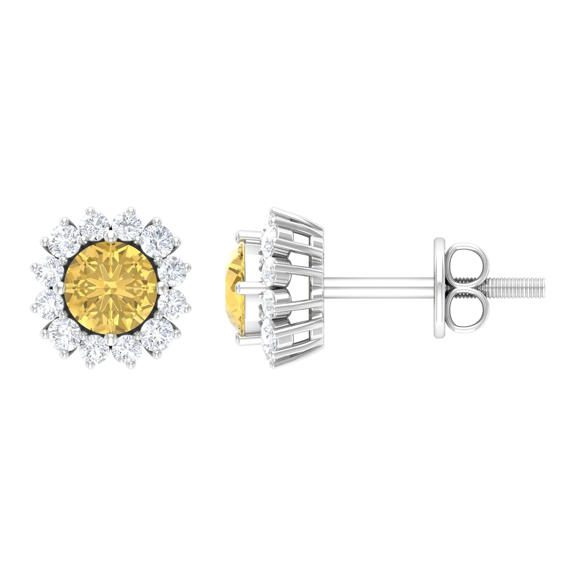 Classic Citrine and Diamond Halo Stud Earrings