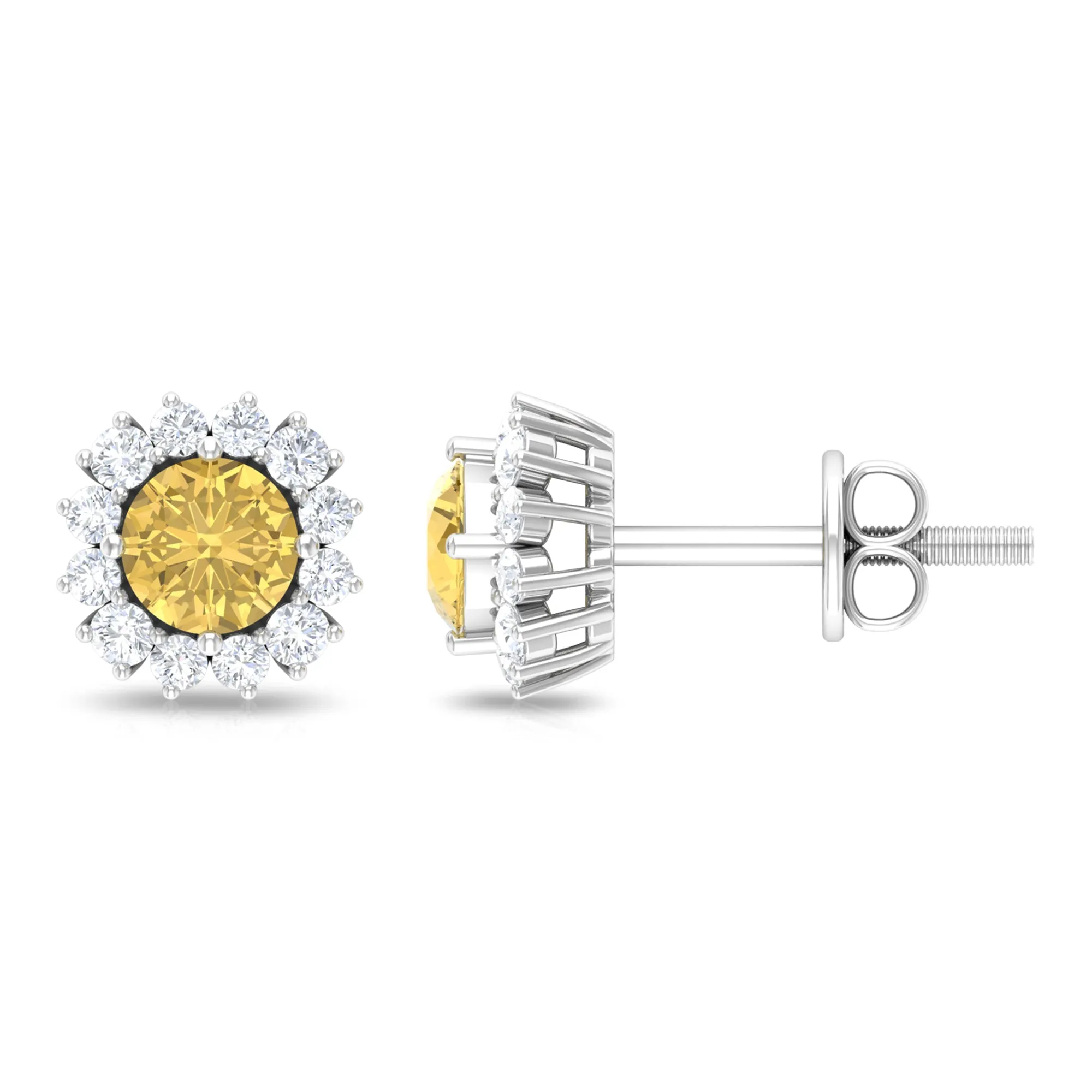 Classic Citrine and Diamond Halo Stud Earrings