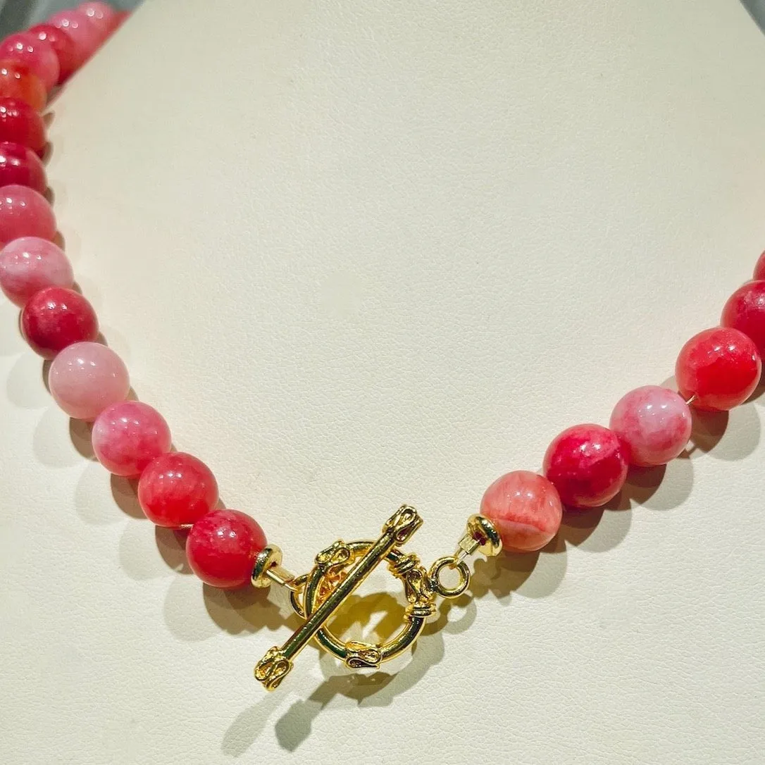 Classic Pink Rhodochrosite & Freshwater Pearl Gold Pave Statement Necklace 18"