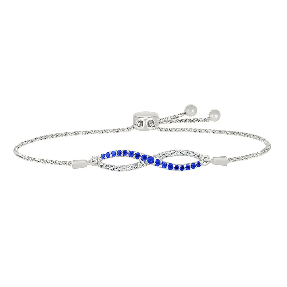 Created Blue Sapphire and Created White Sapphire Twist Sterling Silver Bolo Bracelet