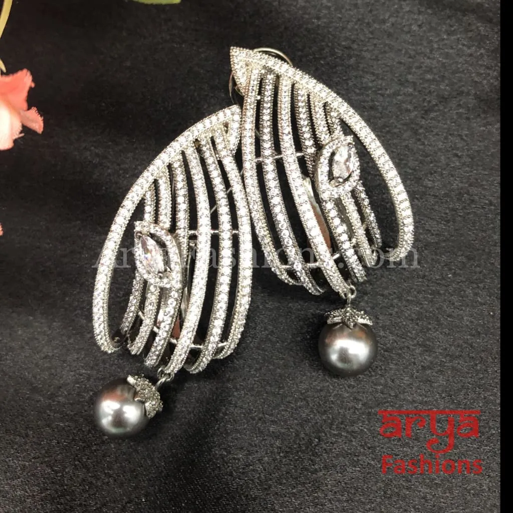 Cubic Zirconia Party earrings with Gray Pearls