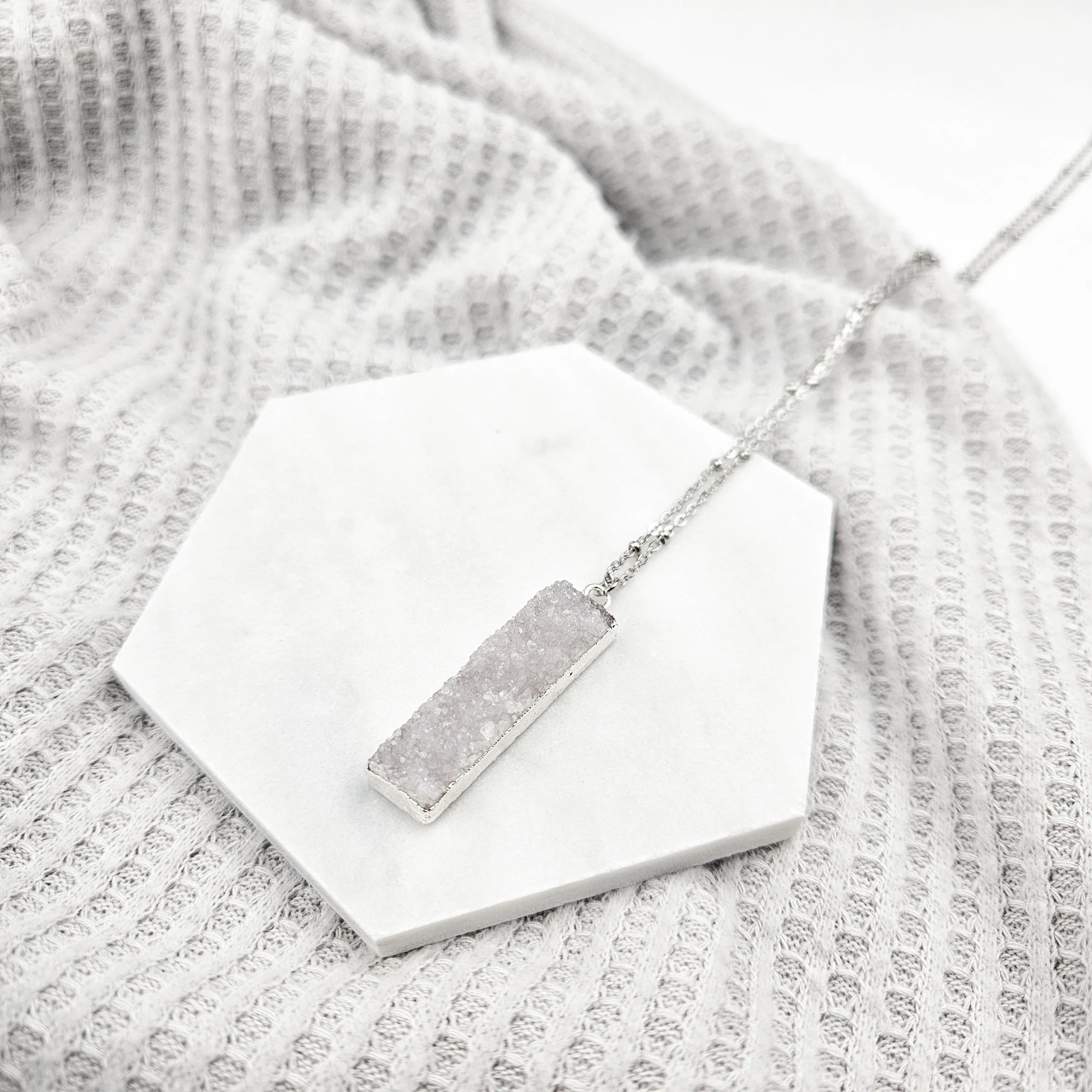 Druzy Quartz Bar Silver Necklace
