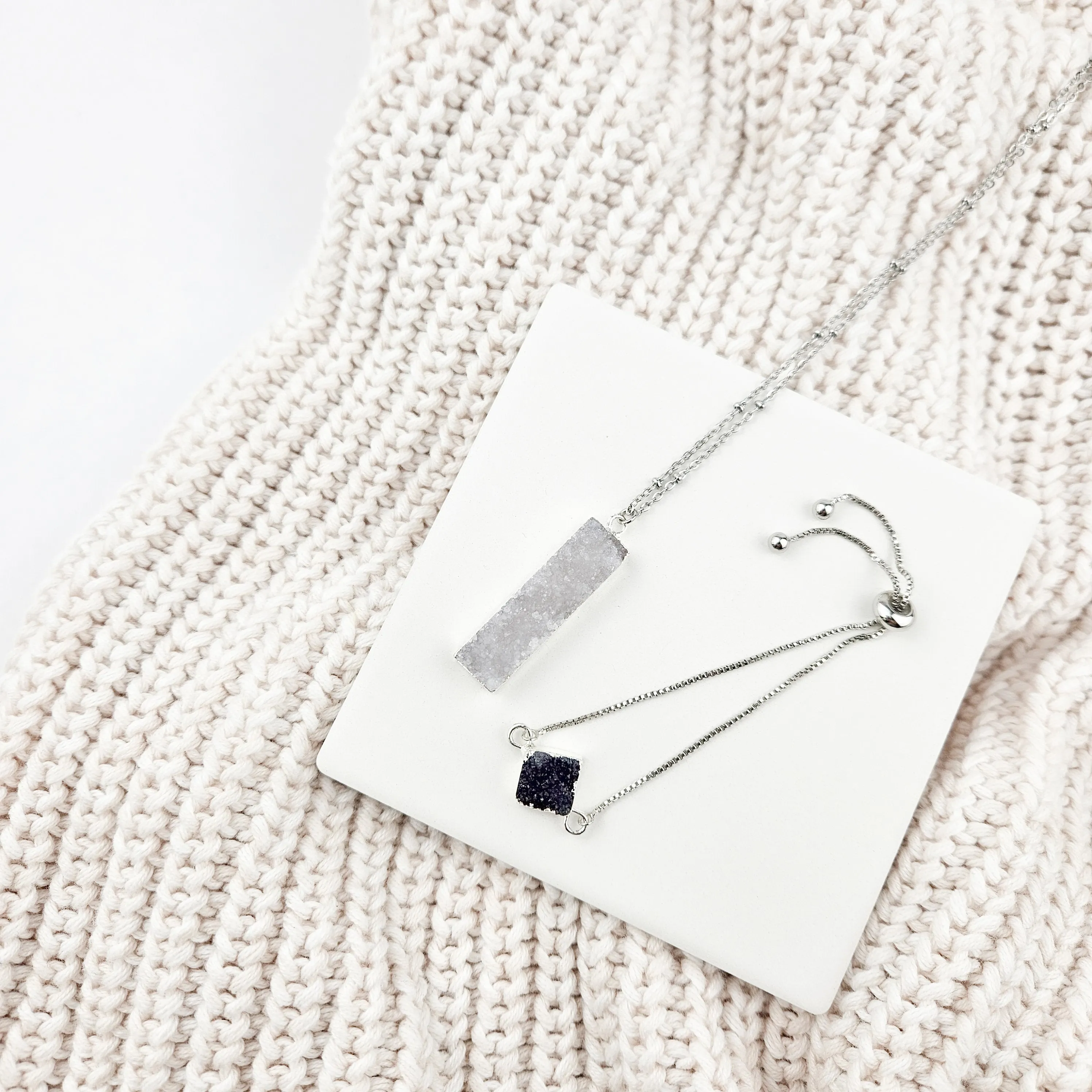 Druzy Quartz Bar Silver Necklace