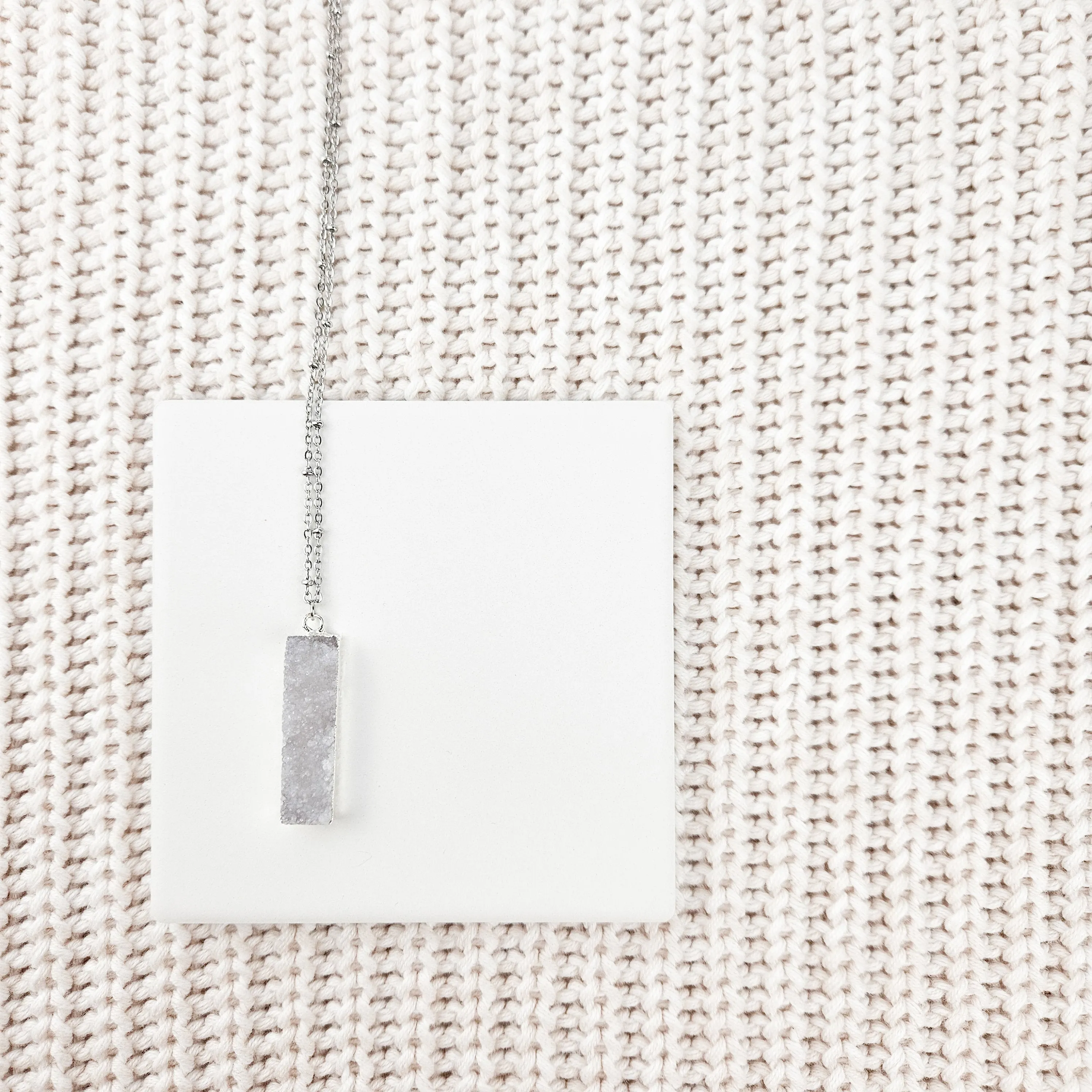 Druzy Quartz Bar Silver Necklace