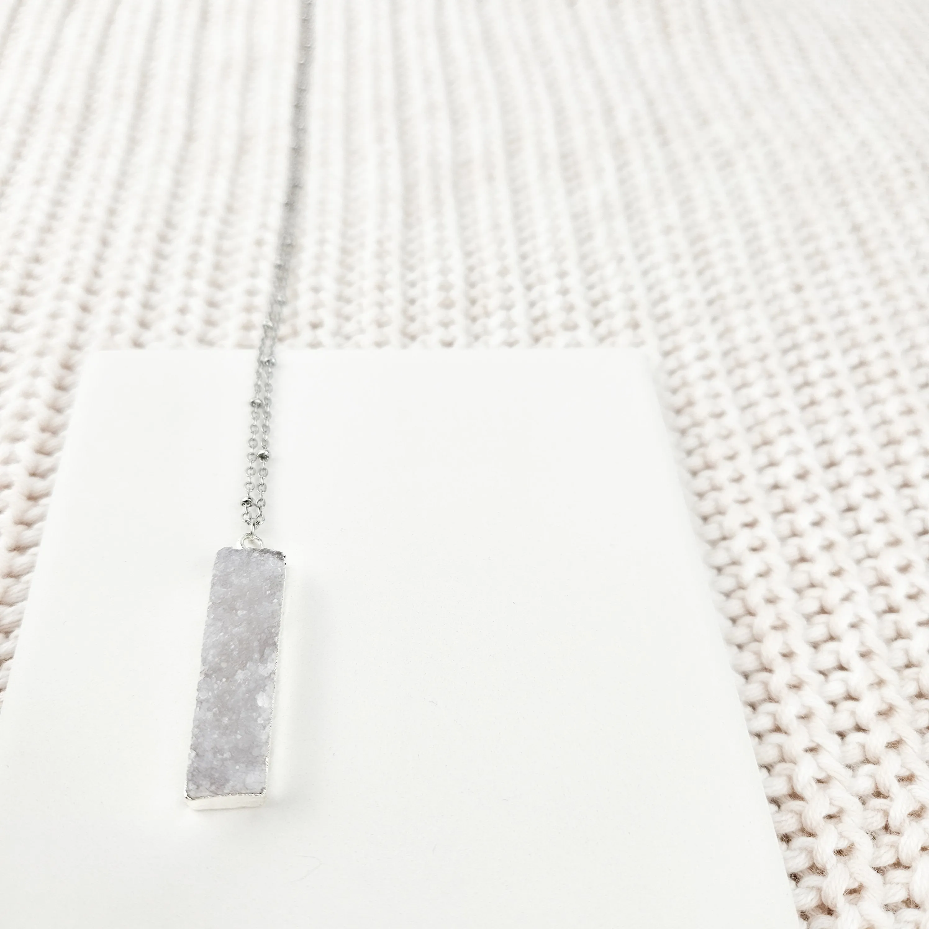 Druzy Quartz Bar Silver Necklace