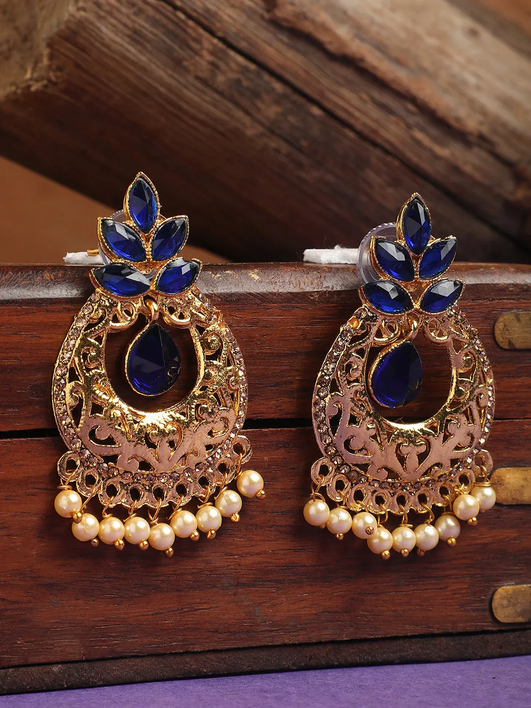 Exclusive Blue & Gold Floral Design Brass Drop Earring - Anikas Creation