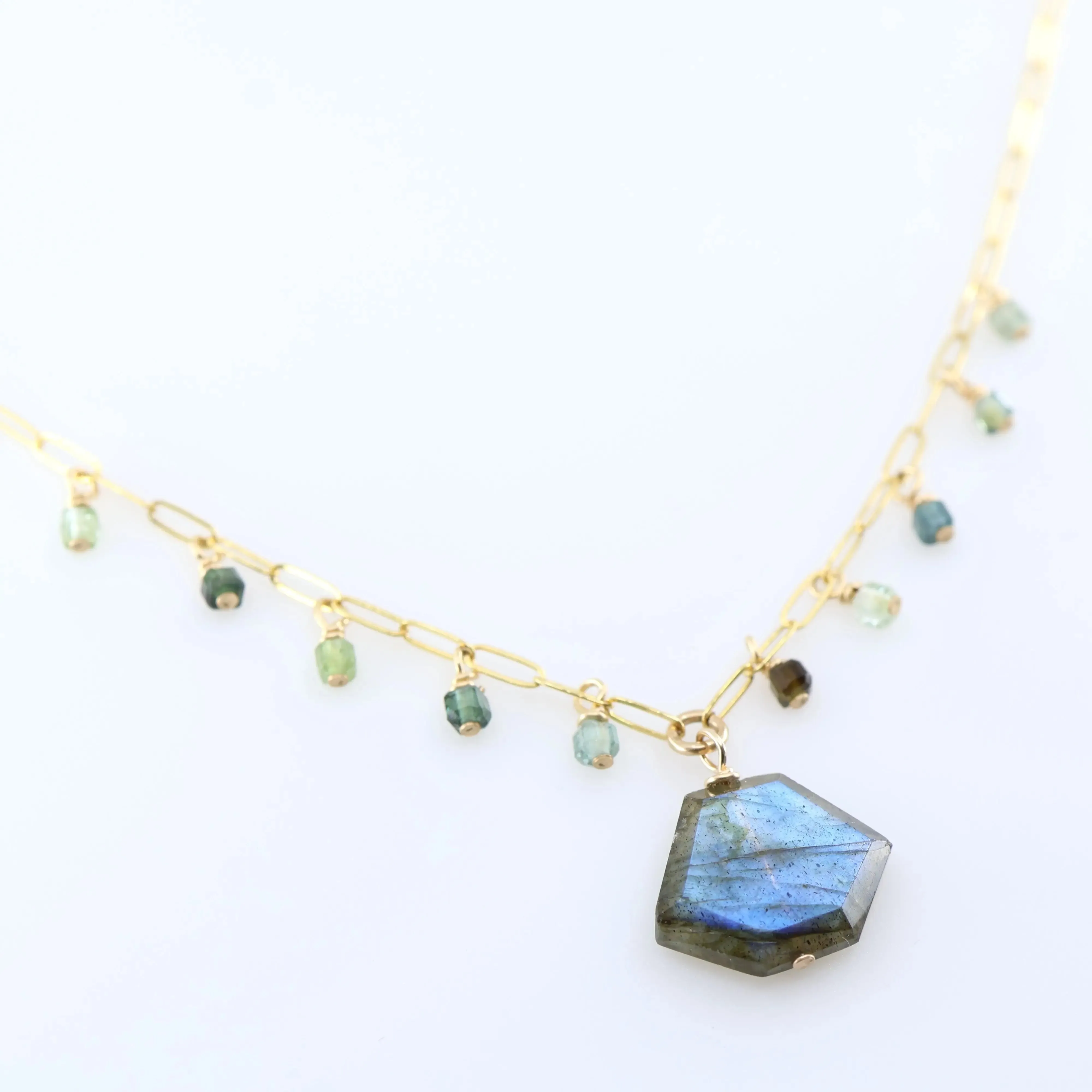 Faceted Labradorite Slab and Green Tourmaline Necklace