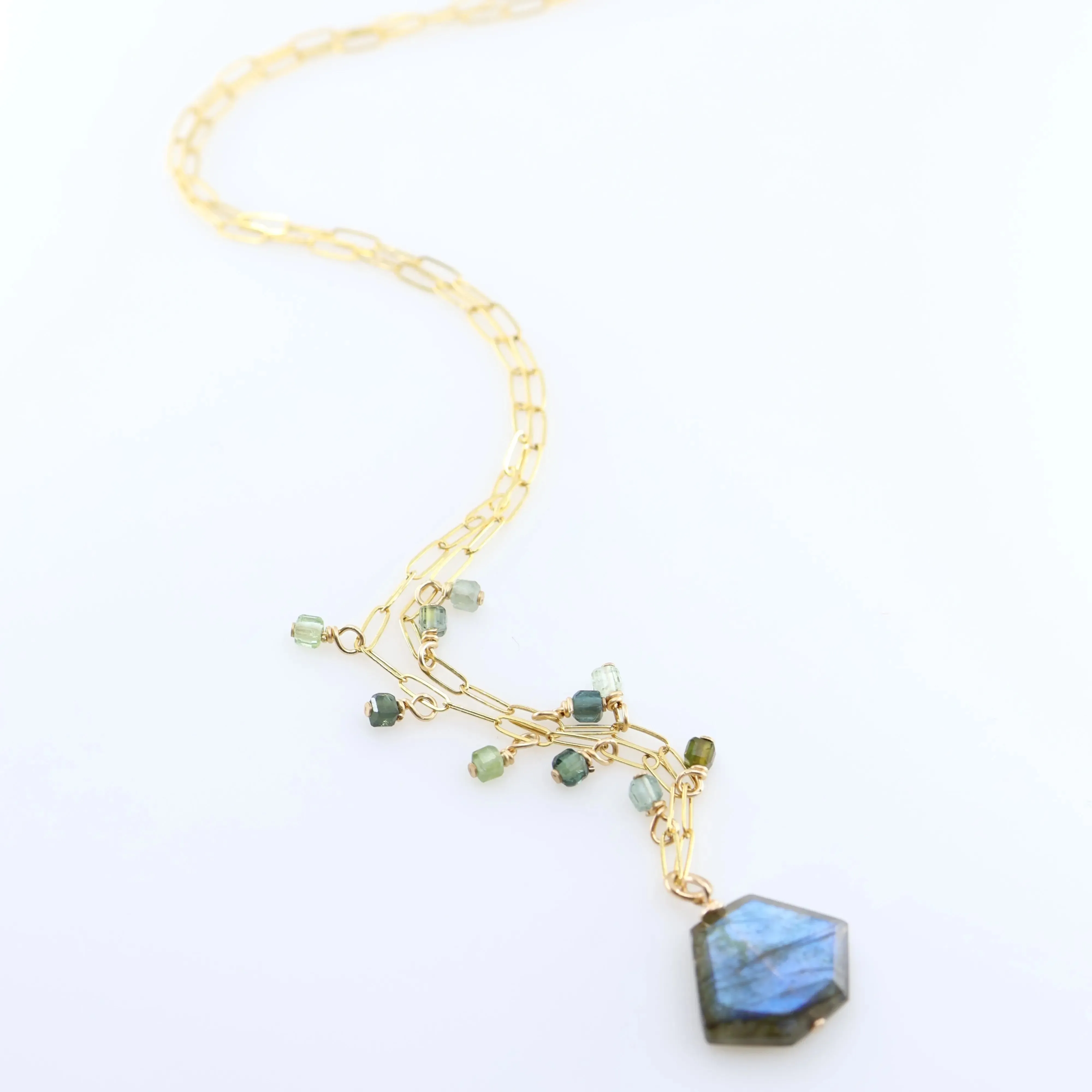 Faceted Labradorite Slab and Green Tourmaline Necklace