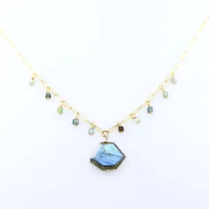 Faceted Labradorite Slab and Green Tourmaline Necklace