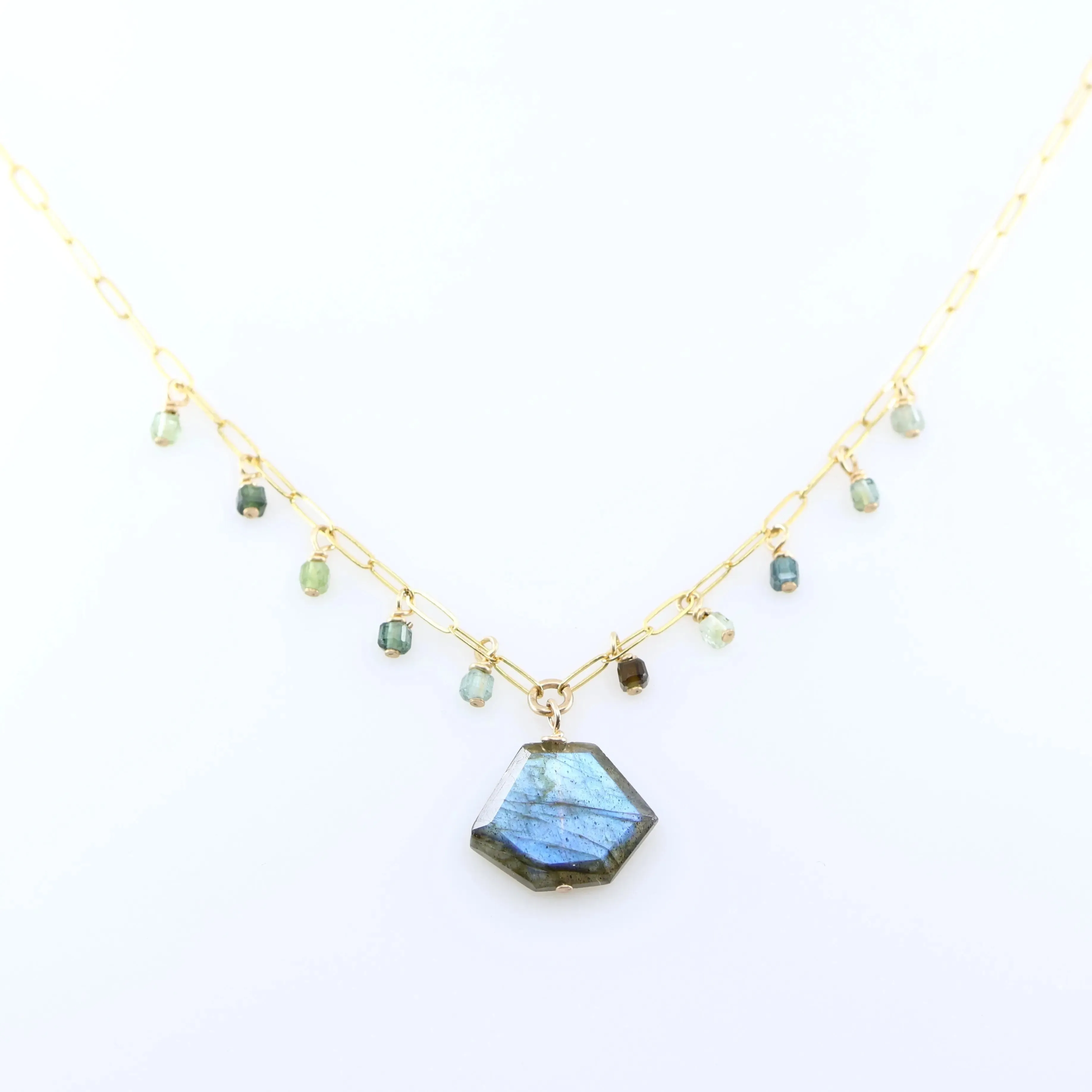 Faceted Labradorite Slab and Green Tourmaline Necklace