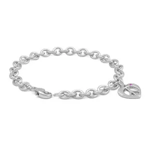Girls Silver Pink Sapphire Heart Shape Peace Sign Charm Bracelet (6 3/4 in)