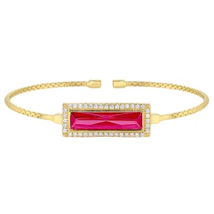 Gold Finish Sterling Silver Cable Cuff Bracelet with Rectangular Simulated Ruby Stone and Simulated Diamonds