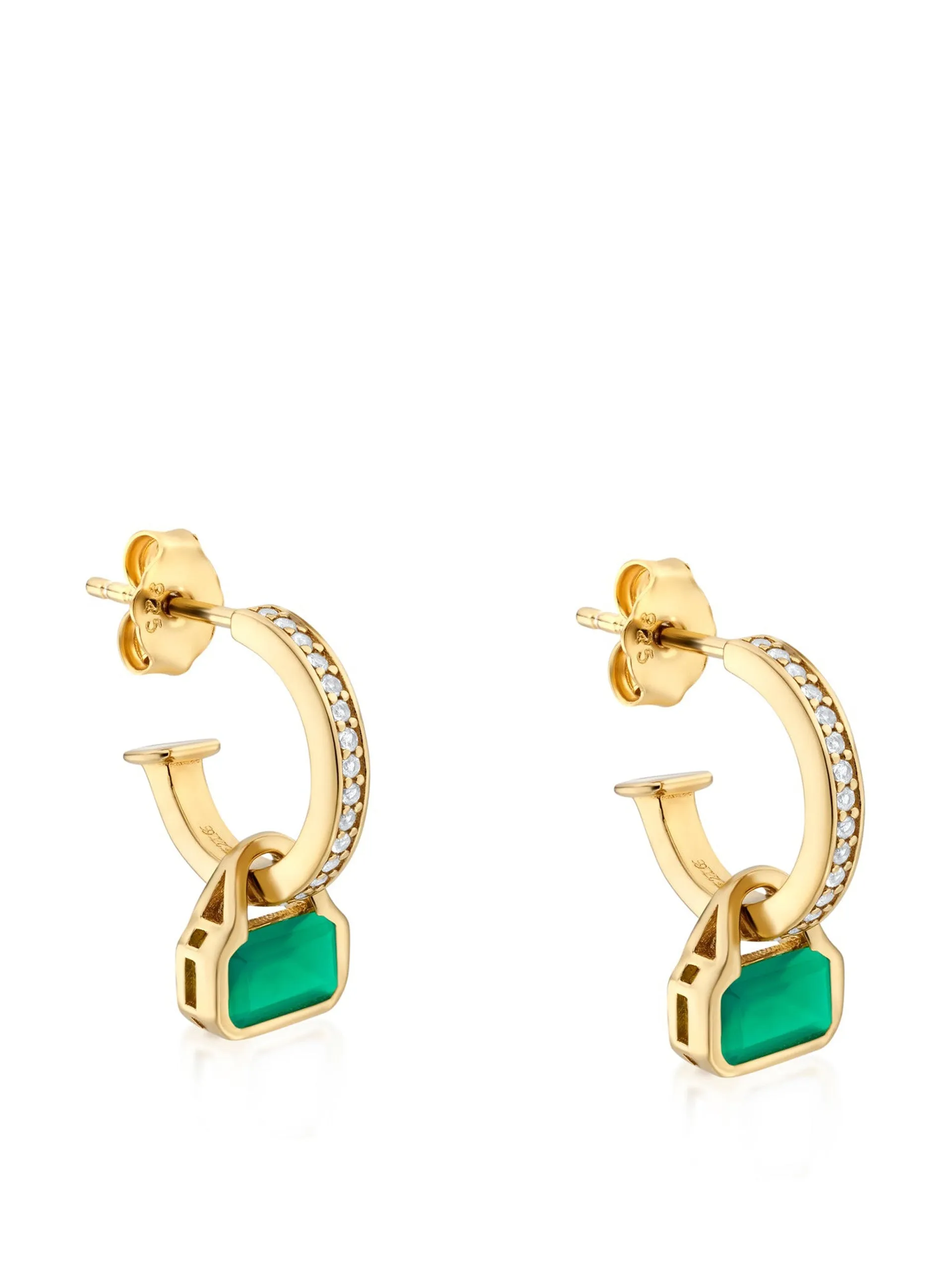 Green agate charms on white topaz hoops
