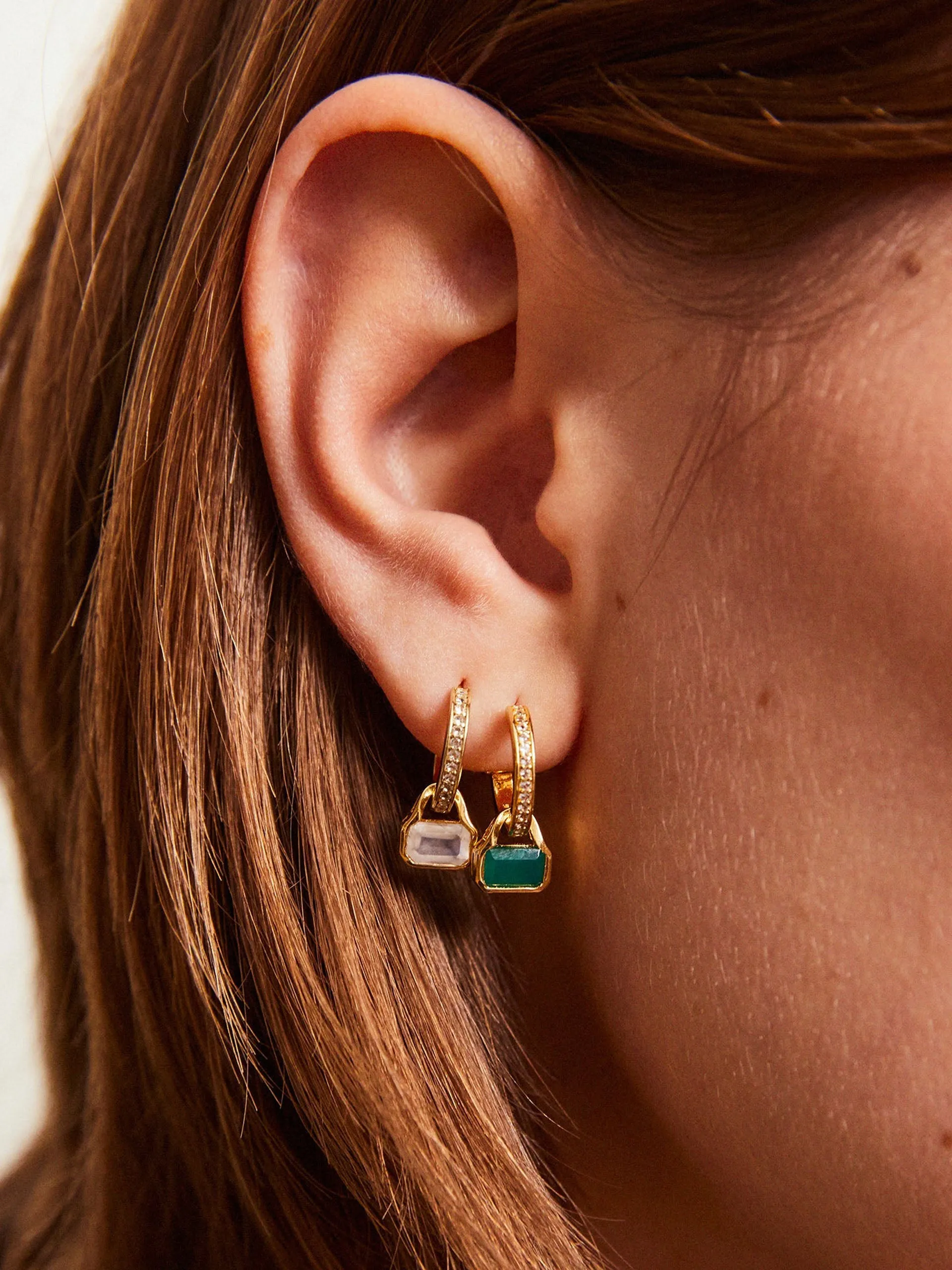 Green agate charms on white topaz hoops