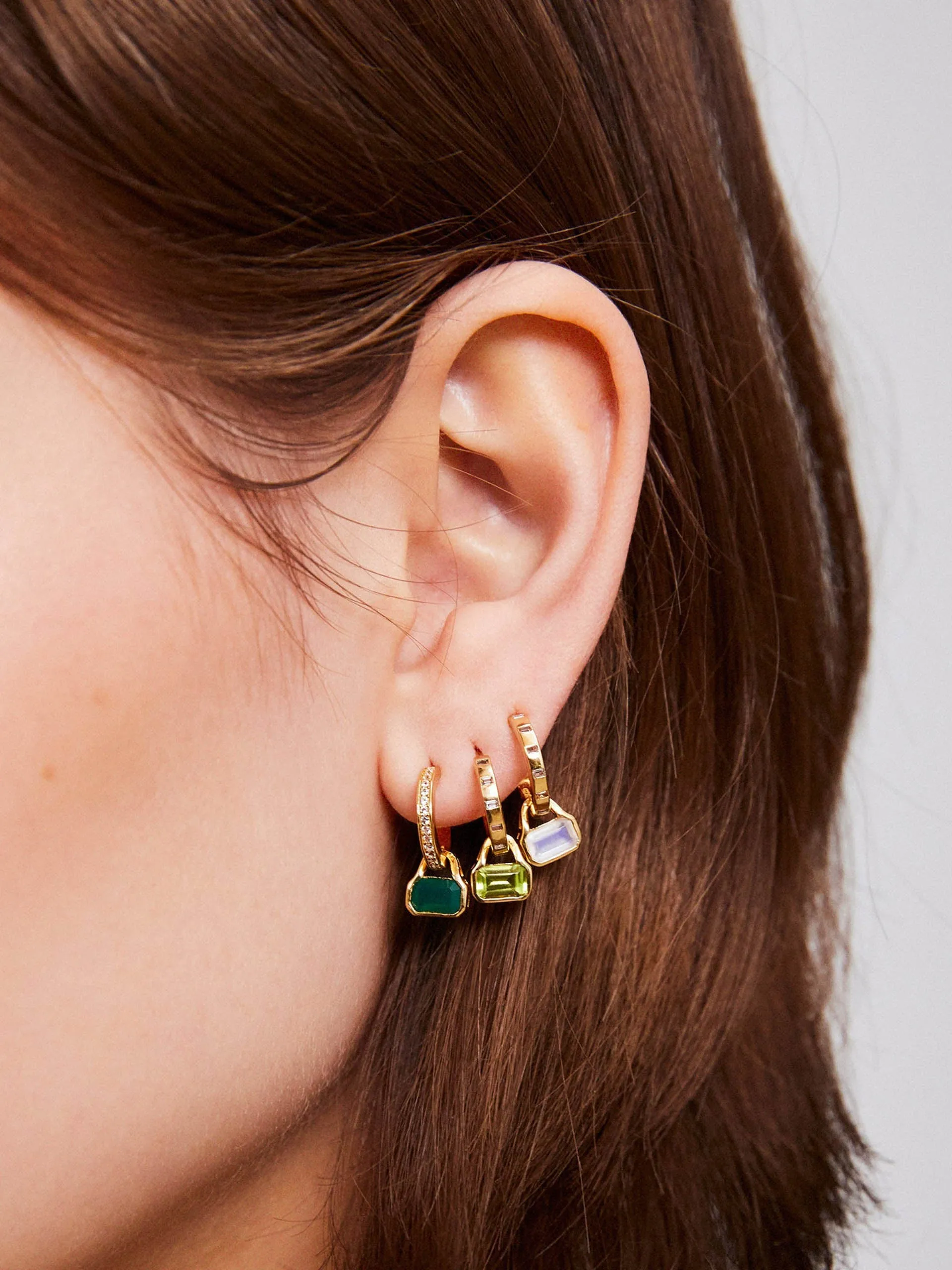 Green agate charms on white topaz hoops