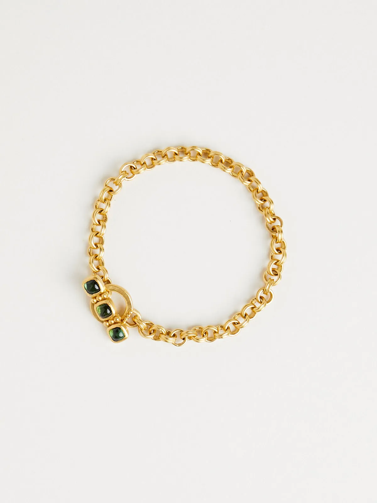 Green Tourmaline Double Link Chain Bracelet in 22k Yellow Gold